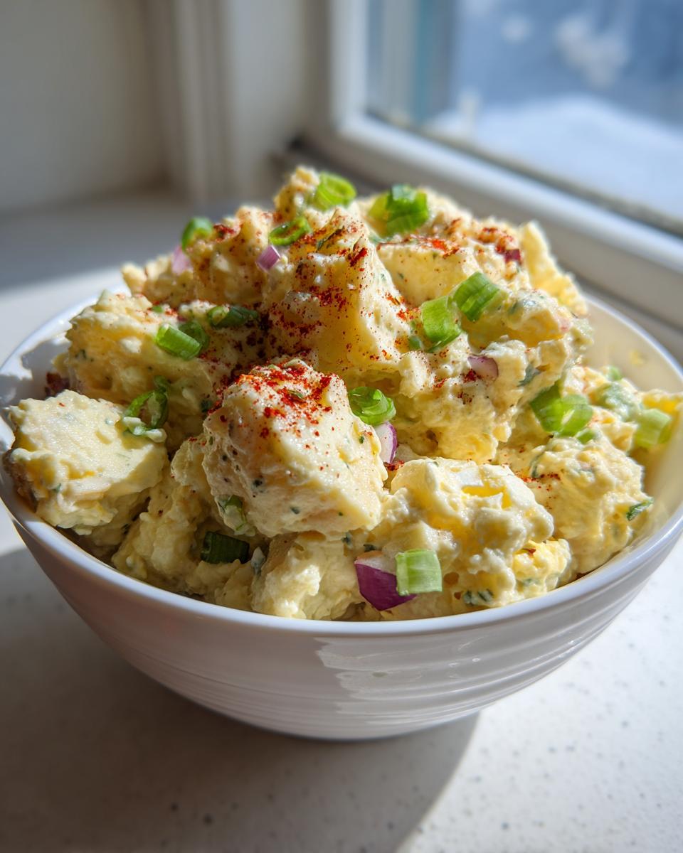 A close-up of creamy potato salad in a white bowl, garnished with paprika and green onions.