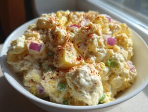 Close-up of creamy potato salad in a white bowl, topped with red paprika and diced red onion.