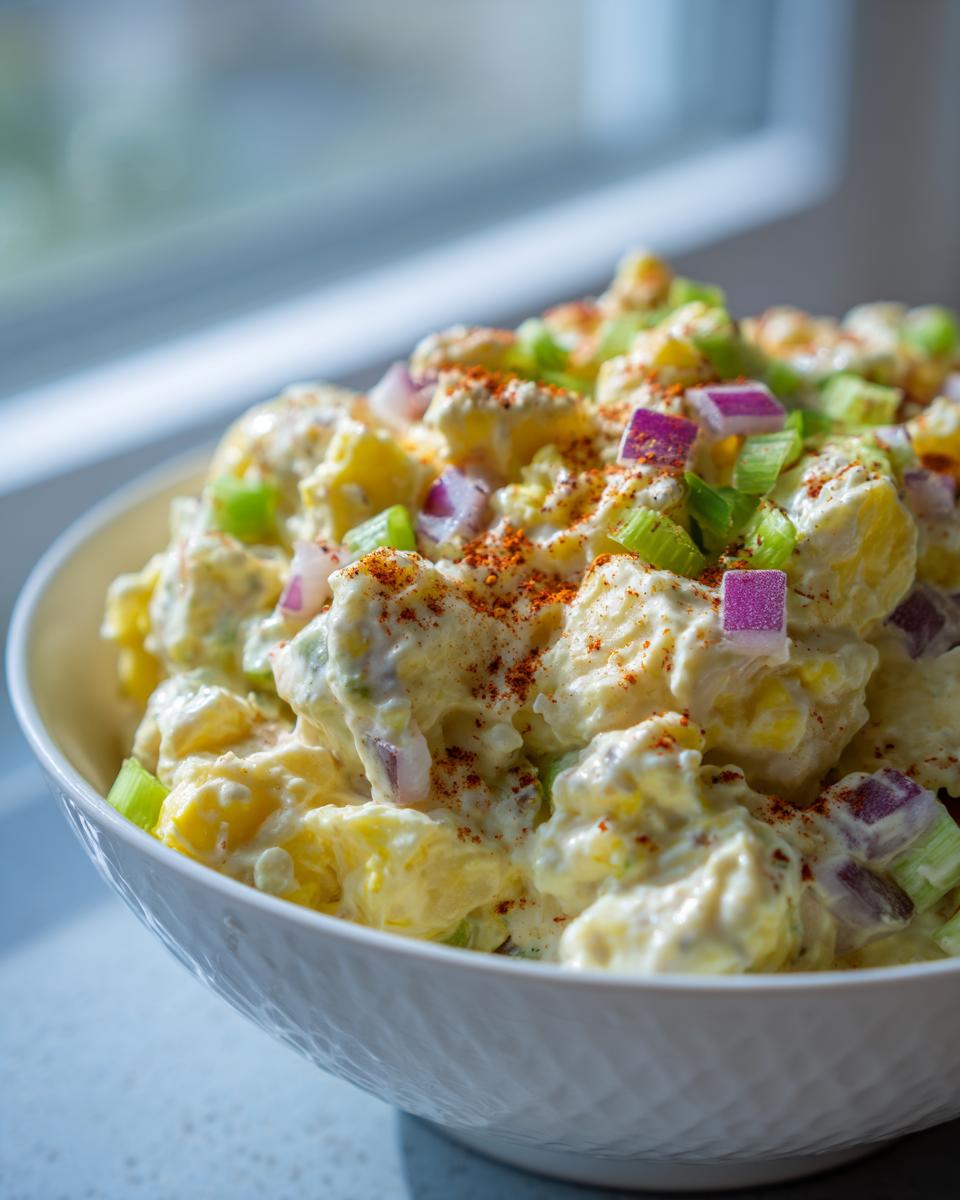 Close-up of creamy potato salad topped with diced red onion, celery, and a sprinkle of paprika.