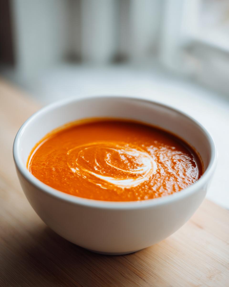 A close-up of a bowl of vibrant orange roasted red pepper soup, swirled with cream.