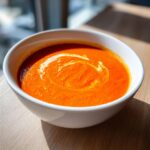 A bright orange bowl of creamy roasted red pepper soup, garnished with a swirl of cream.
