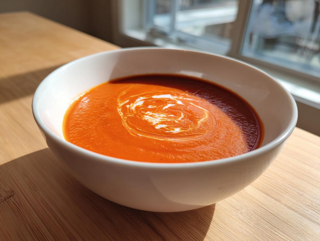 A close-up of a bowl of vibrant orange roasted red pepper soup, garnished with a swirl of cream.