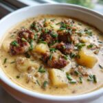Close-up of a bowl of creamy sausage potato soup, topped with browned sausage crumbles and fresh chives.