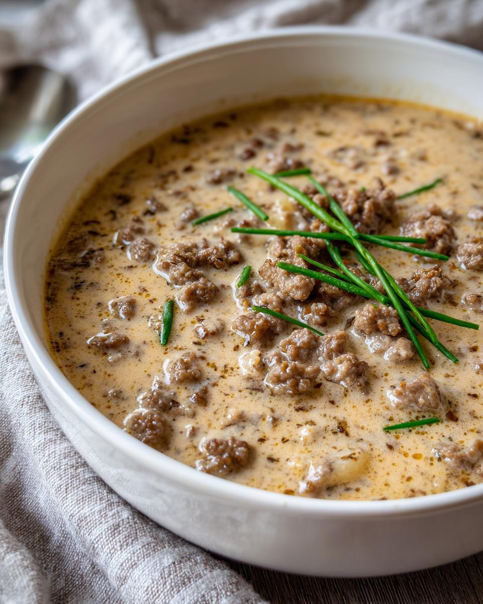 Close-up of creamy sausage potato soup in a white bowl, topped with browned sausage crumbles and fresh chives.