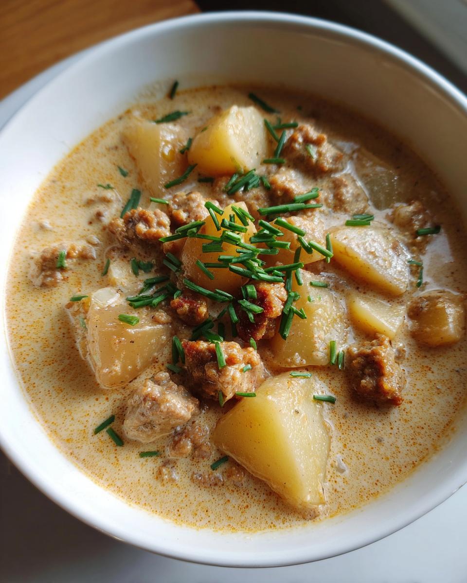 Close-up of a bowl of creamy sausage potato soup, featuring chunks of potato and sausage, topped with fresh chives.