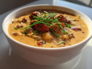 A close-up of a bowl of creamy sausage potato soup, topped with chunks of sausage and fresh chives.
