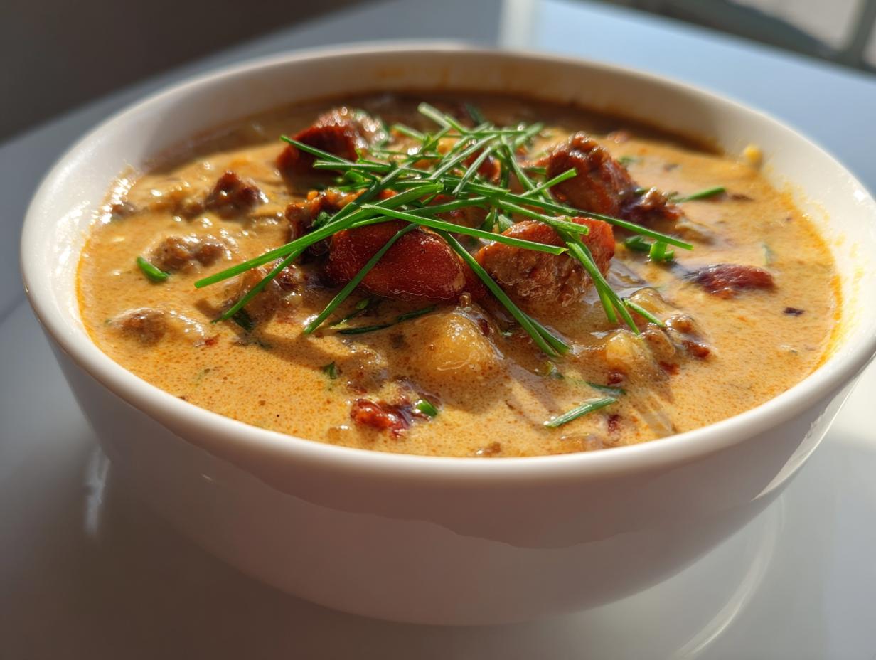 A close-up of a bowl of creamy sausage potato soup, topped with chunks of sausage and fresh chives.