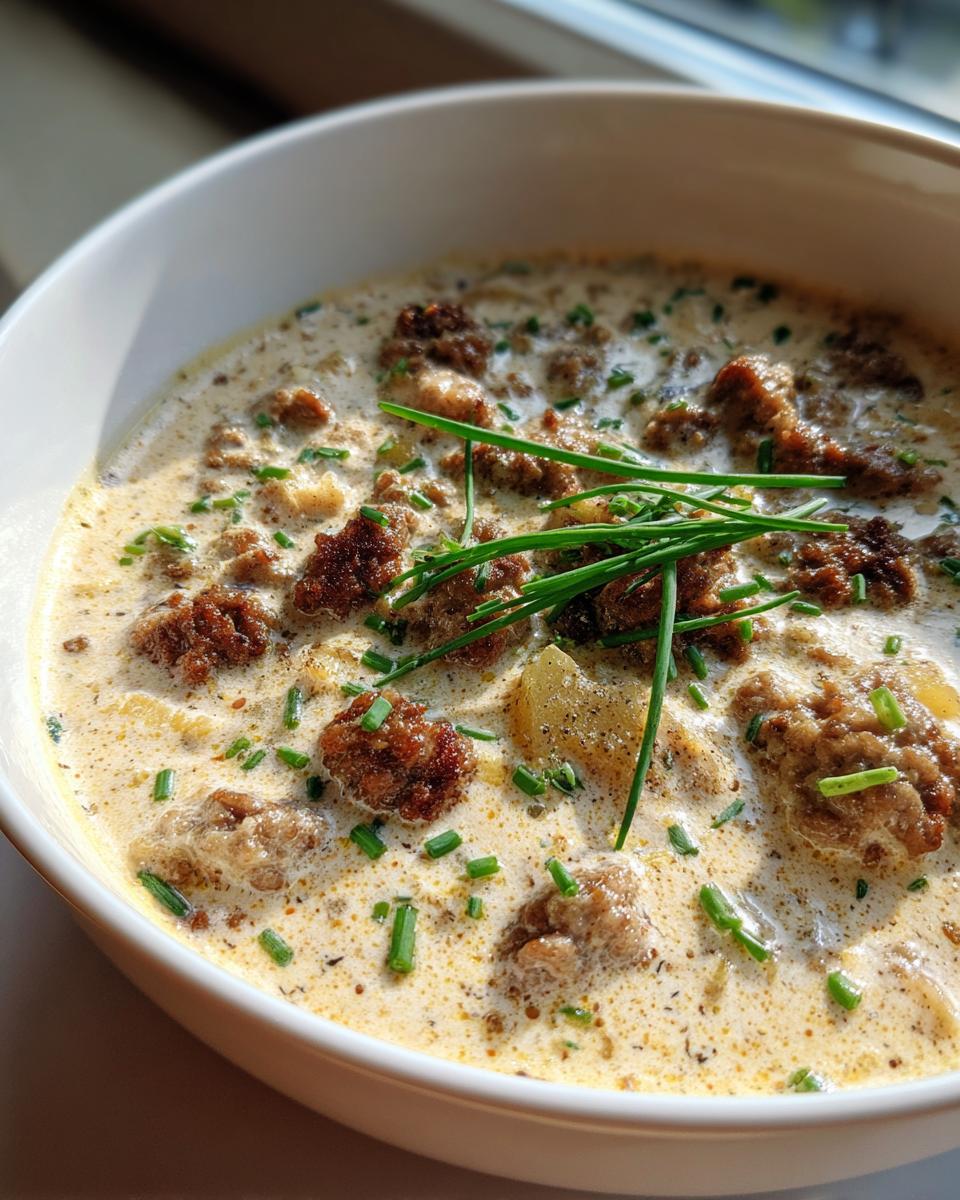 Close-up of a bowl of creamy sausage potato soup, topped with browned sausage crumbles and fresh chives.
