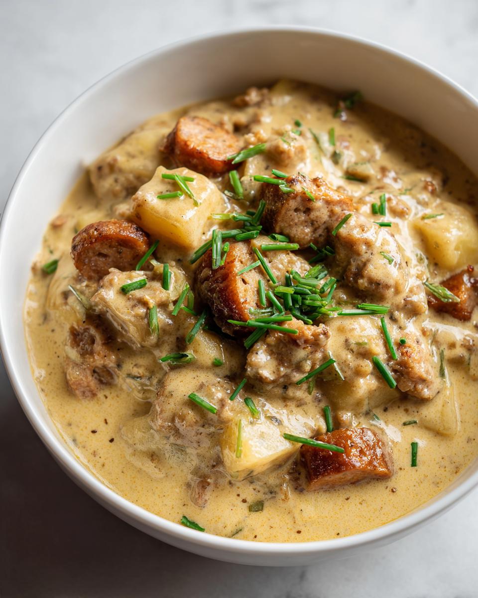 Close-up of a creamy sausage potato soup, featuring chunks of sausage, potatoes, and fresh chives.