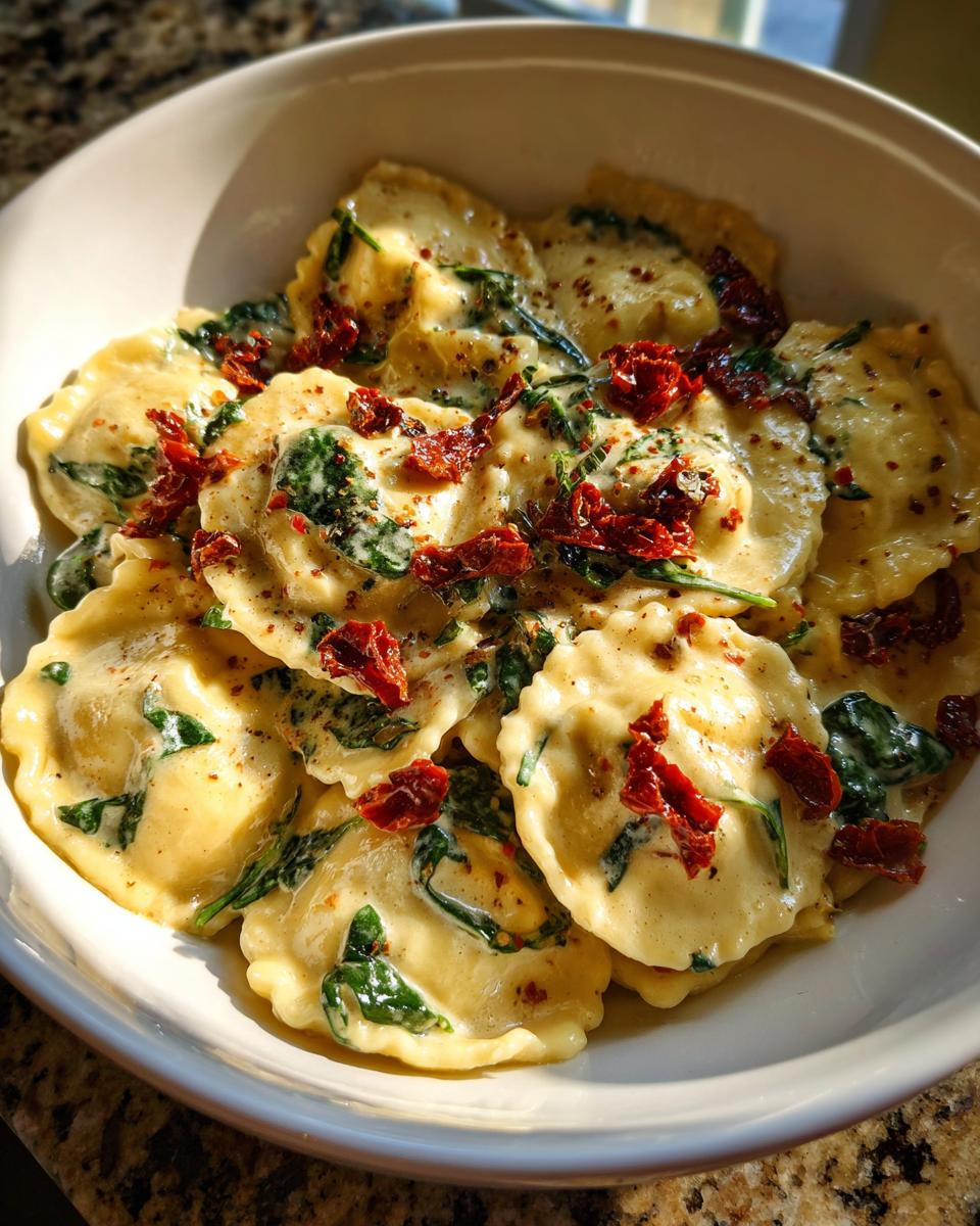 A close-up of creamy Tuscan ravioli served in a white bowl, topped with spinach and sun-dried tomatoes.