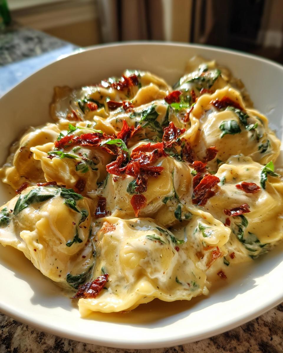 A close-up of creamy Tuscan ravioli loaded with spinach and topped with chopped sun-dried tomatoes in a white bowl.