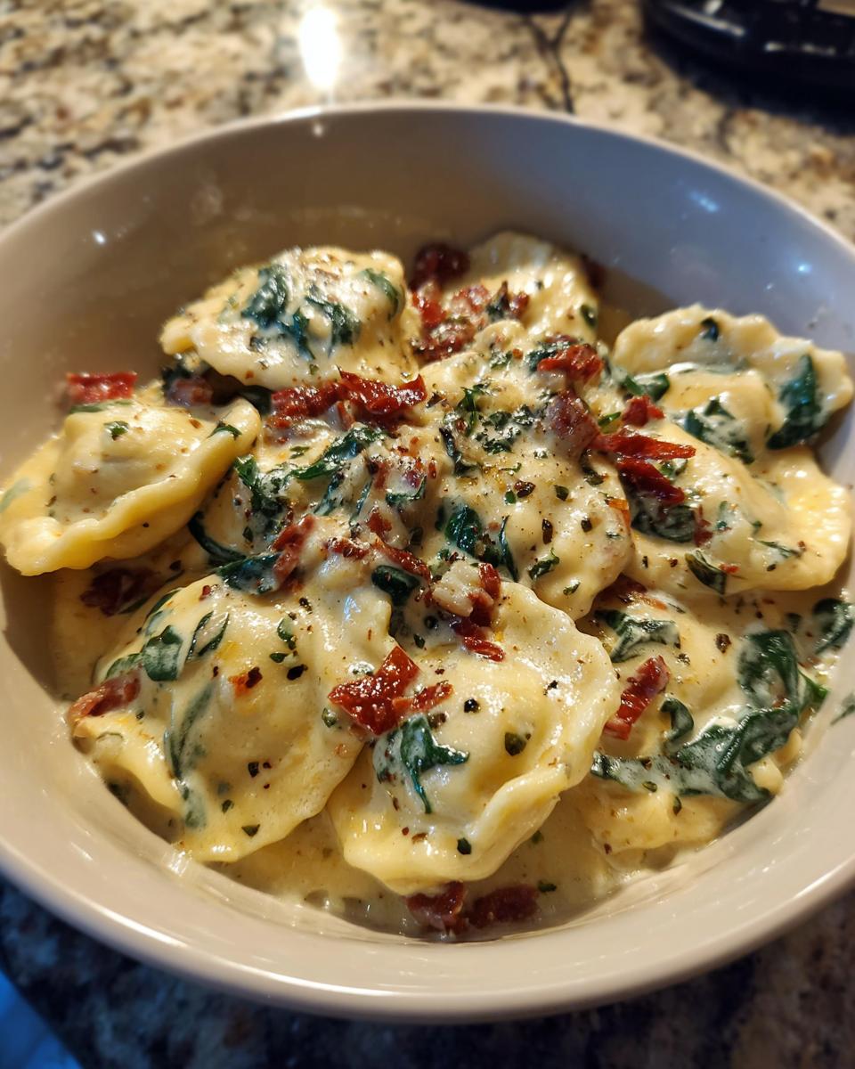 Close-up of a bowl filled with creamy Tuscan ravioli mixed with spinach and sun-dried tomatoes.