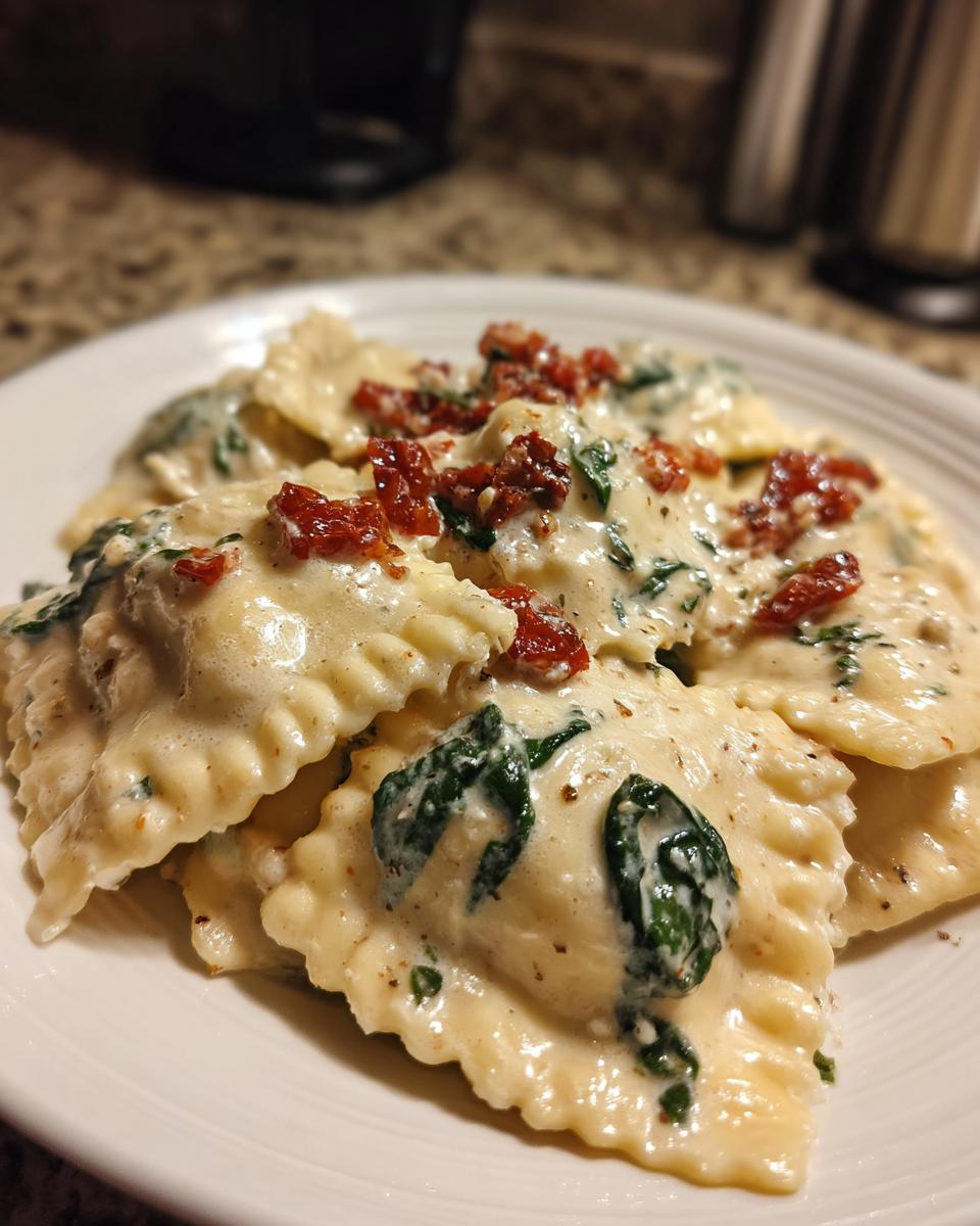 Close-up of creamy Tuscan ravioli pasta covered in a rich cream sauce with spinach and sun-dried tomatoes.