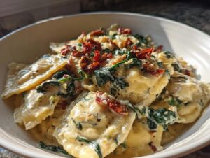 Close-up of creamy Tuscan ravioli mixed with spinach and sun-dried tomatoes in a white bowl.