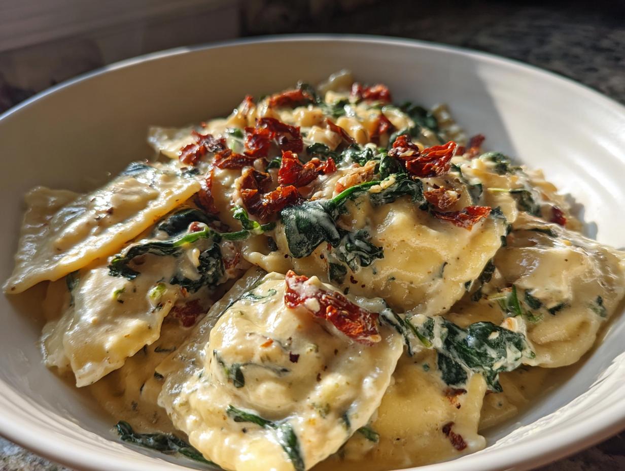 Close-up of creamy Tuscan ravioli mixed with spinach and sun-dried tomatoes in a white bowl.