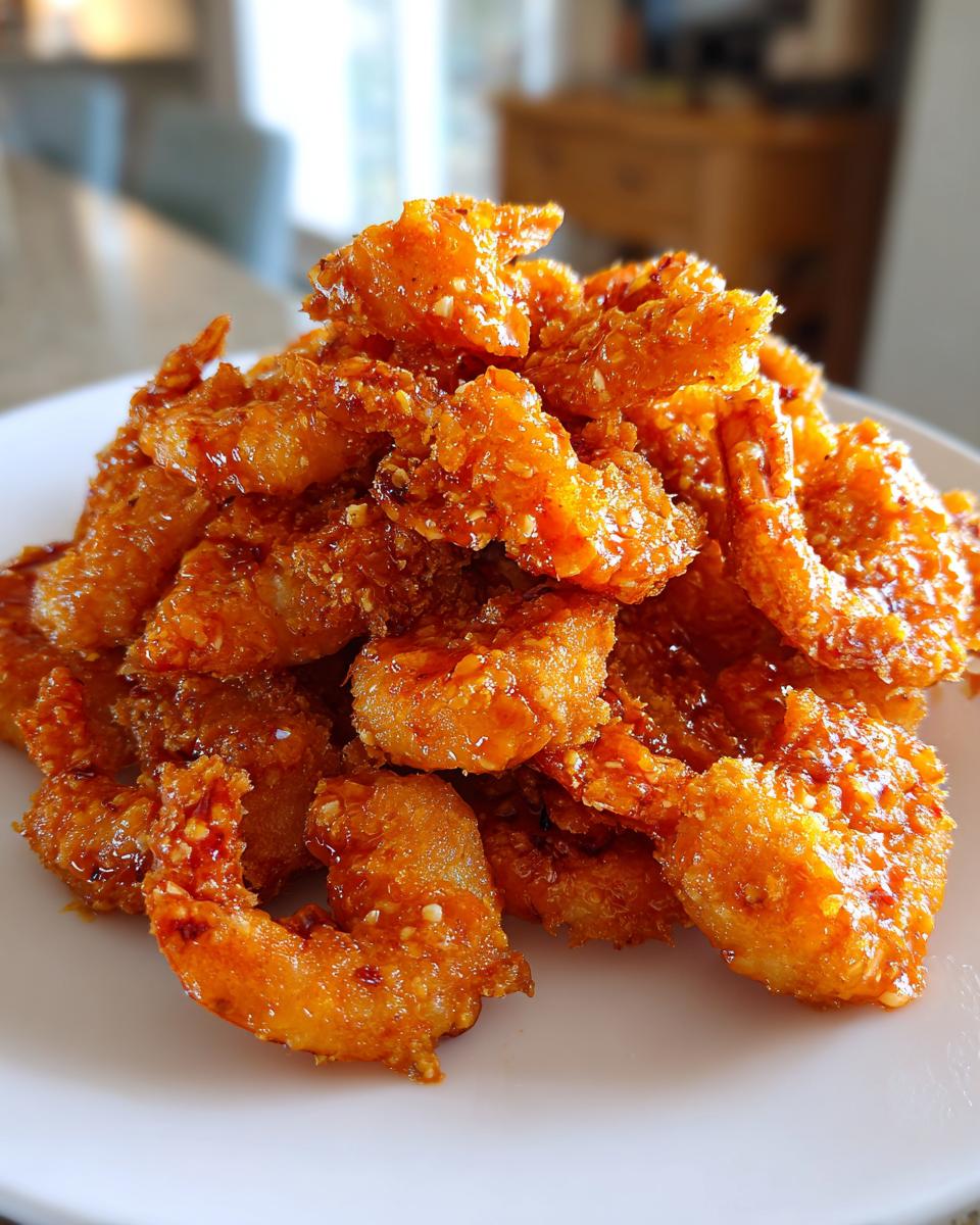 A close-up shot of a mound of crispy, saucy Bang Bang Shrimp piled high on a white plate.