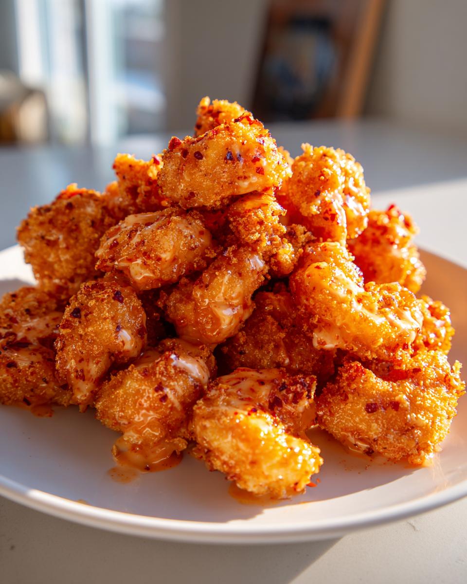 A mound of crispy, golden-brown Bang Bang Shrimp drizzled with creamy, spicy sauce, served on a white plate.