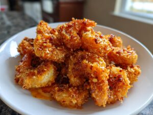 A close-up of several pieces of crispy, sauced Bang Bang Shrimp piled high on a white plate.