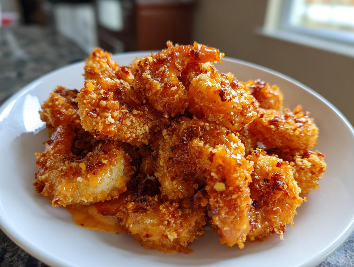 A close-up of several pieces of crispy, sauced Bang Bang Shrimp piled high on a white plate.