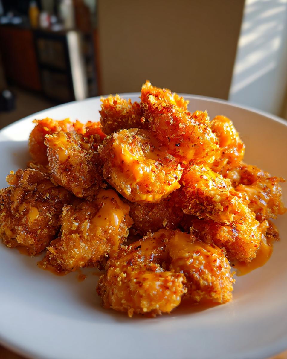 A close-up of crispy, breaded Bang Bang Shrimp piled high on a white plate, coated in a creamy orange sauce.