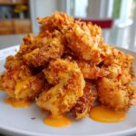 A close-up of crispy, golden-brown Bang Bang Shrimp drizzled generously with spicy orange sauce on a white plate.