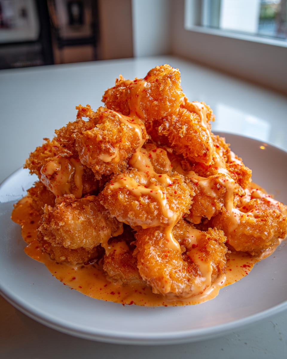 A mound of crispy, deep-fried bang bang shrimp generously drizzled with creamy, orange sauce.