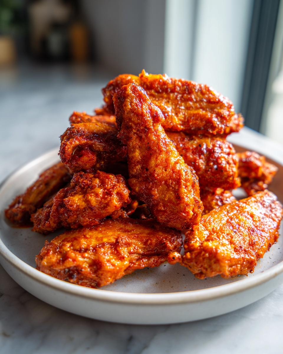 A close-up shot of a pile of crispy, saucy buffalo wings stacked on a light-colored plate.