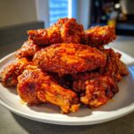 A close-up of a pile of crispy, saucy buffalo wings stacked high on a white plate.