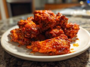 Close-up of a pile of crispy, saucy buffalo wings served on a white plate.
