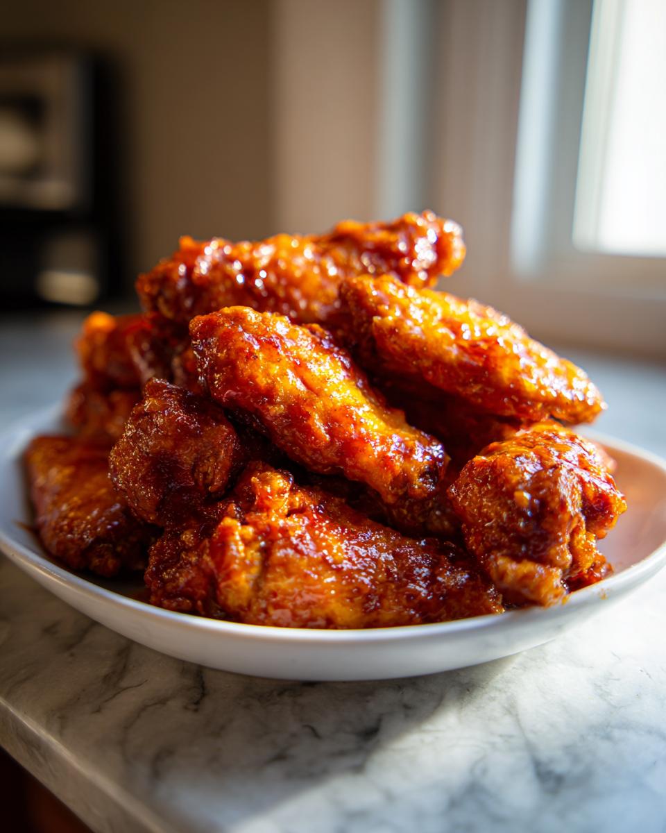 Close-up of a white bowl piled high with glossy, crispy buffalo wings coated in a rich orange sauce.