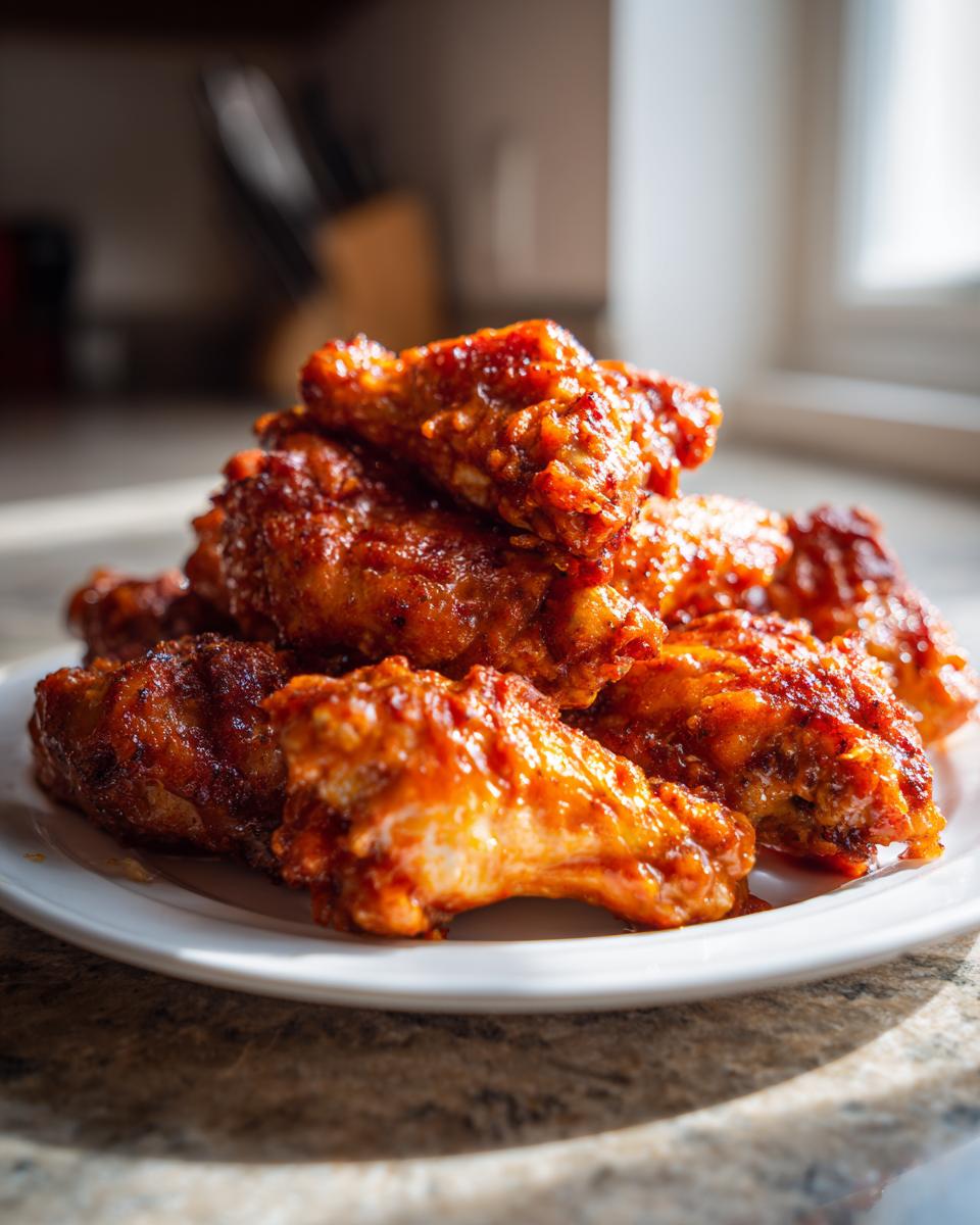 A close-up, dramatic shot of crispy, saucy buffalo wings piled high on a small white plate.