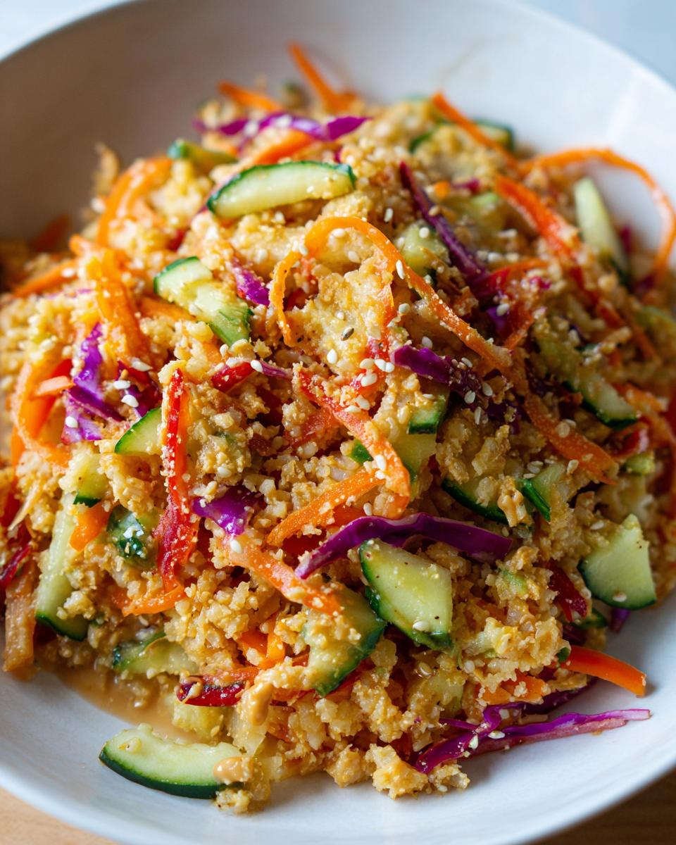 Close-up of a vibrant crispy rice salad featuring shredded carrots, cucumber slices, and purple cabbage.