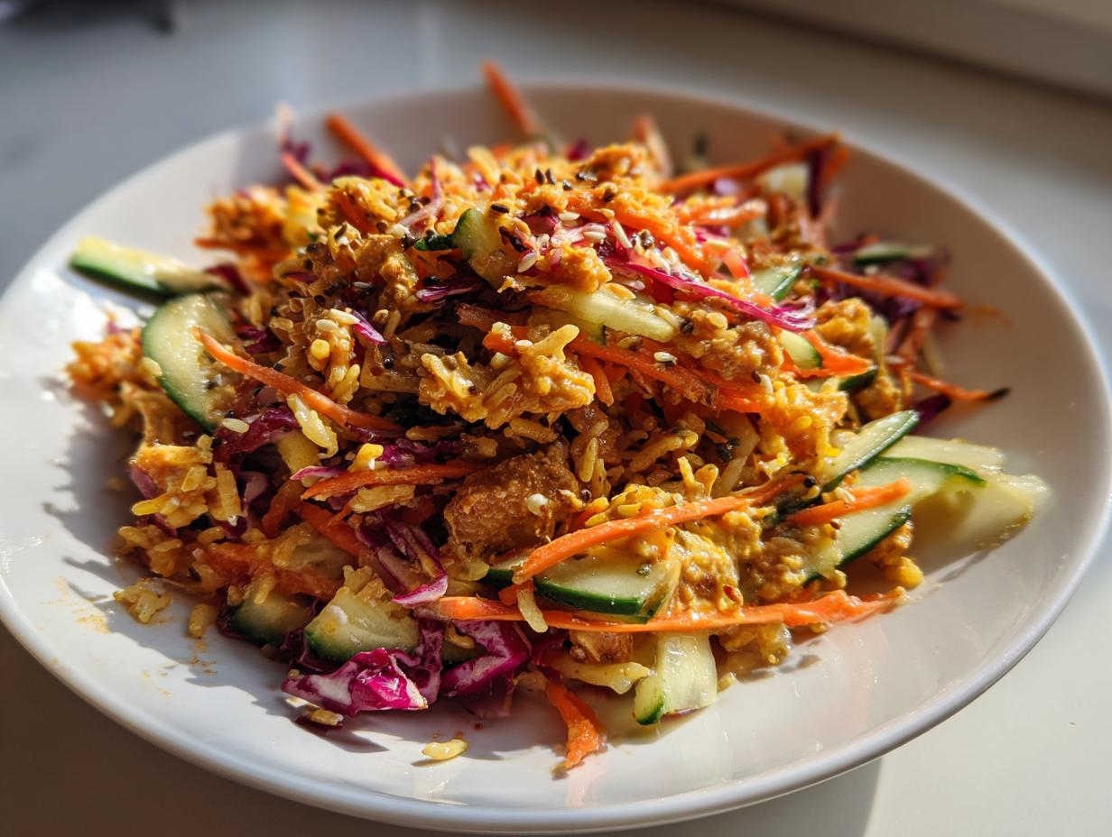 Close-up of a vibrant crispy rice salad featuring shredded carrots, cucumber slices, red cabbage, and sesame seeds.
