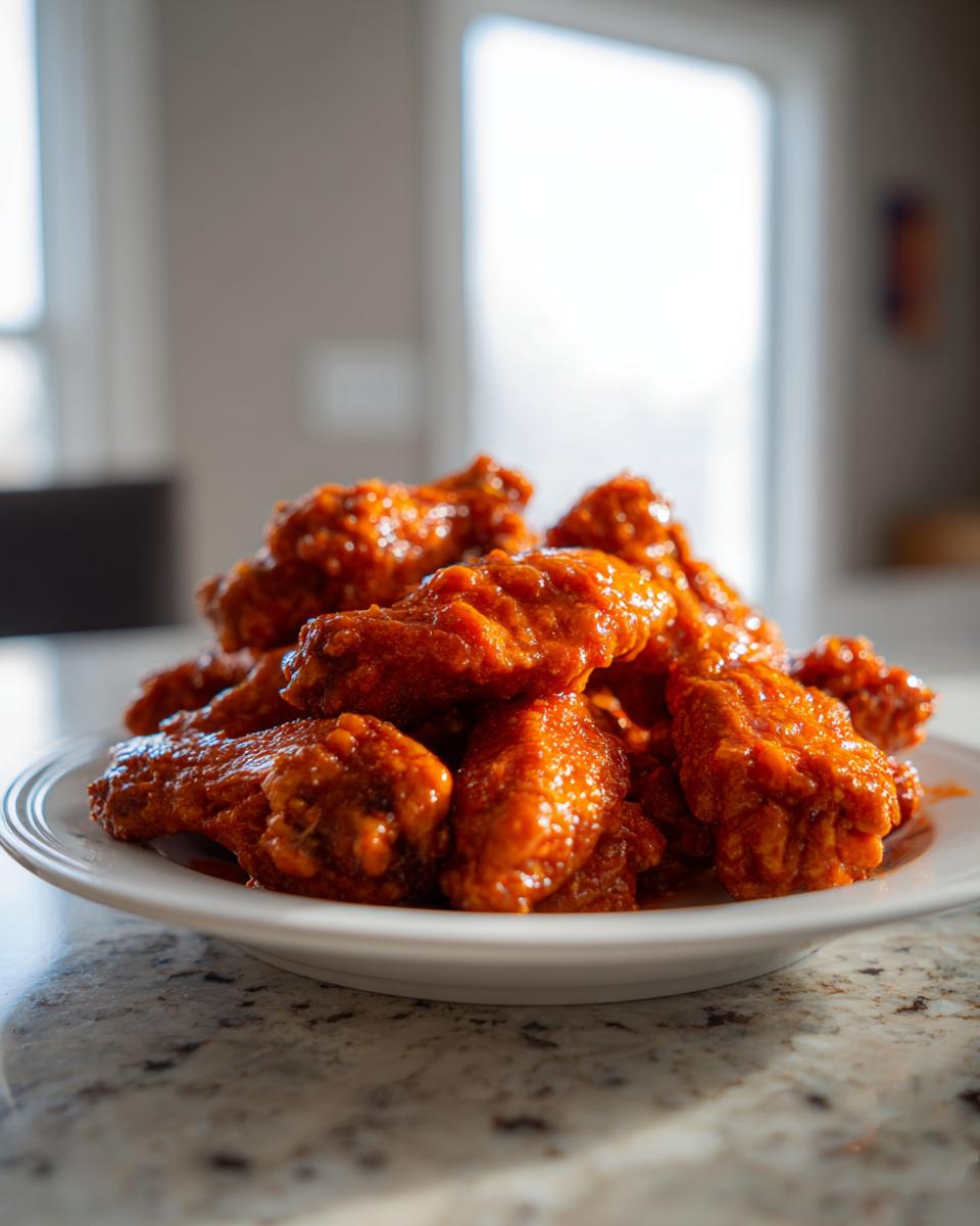 A close-up shot of a white plate piled high with glossy, saucy buffalo wings, sitting on a granite countertop.