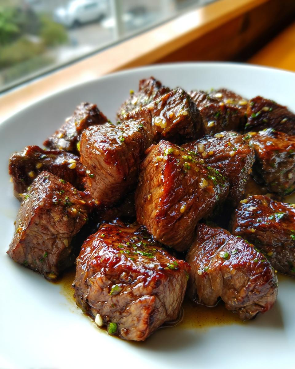 Close-up of juicy, cubed hibachi steak pieces coated in a glossy sauce and sprinkled with green herbs.