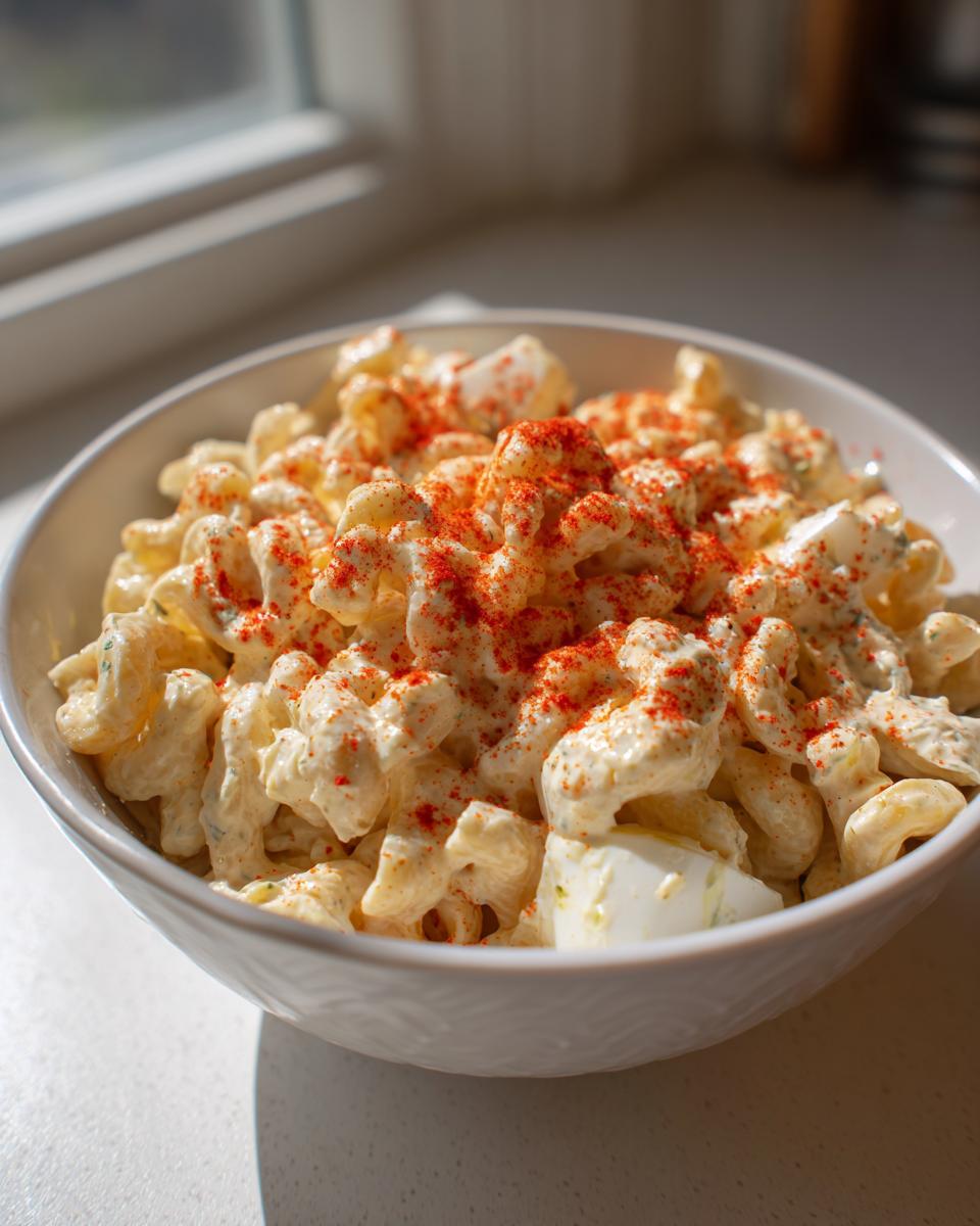 A close-up of creamy deviled egg pasta salad topped generously with bright red paprika in a white bowl.