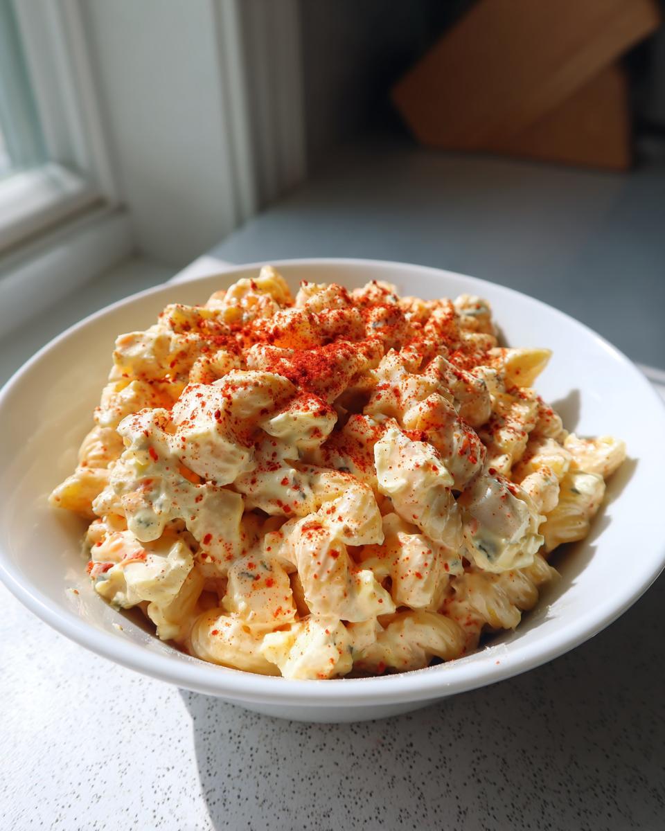 A white bowl filled with creamy deviled egg pasta salad, topped generously with bright red paprika.