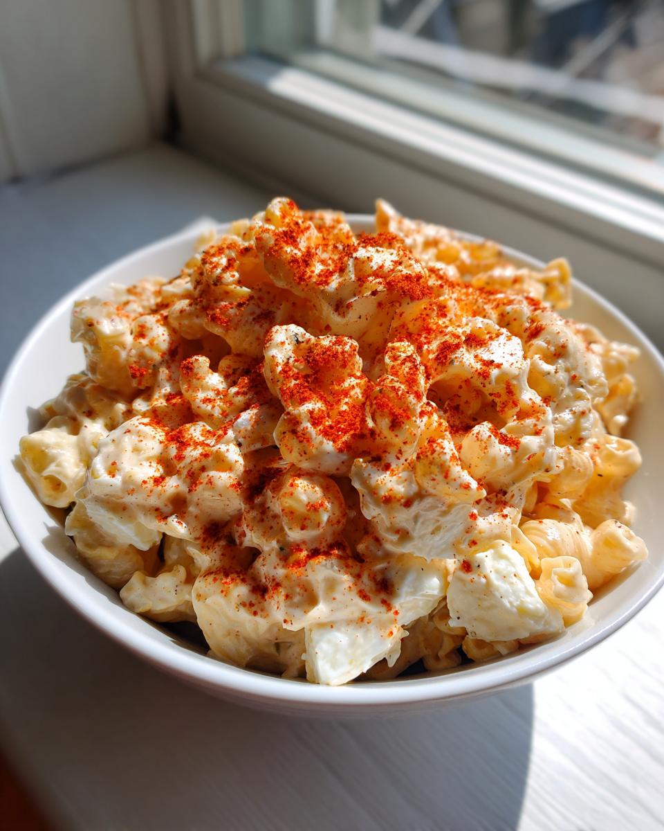 A white bowl filled with creamy deviled egg pasta salad, topped generously with bright red paprika.