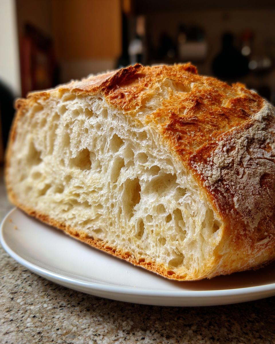 Close-up of the airy, open crumb structure inside a freshly baked loaf of sourdough bread.
