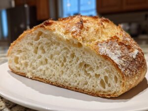 Close-up of a freshly baked sourdough bread loaf, showing a light, airy crumb structure and golden crust.