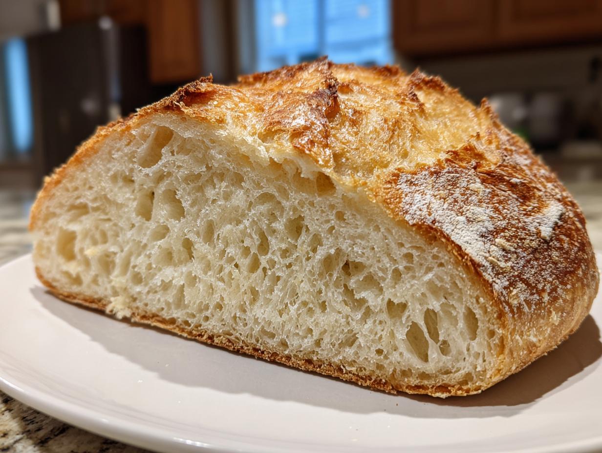 Close-up of a freshly baked sourdough bread loaf, showing a light, airy crumb structure and golden crust.