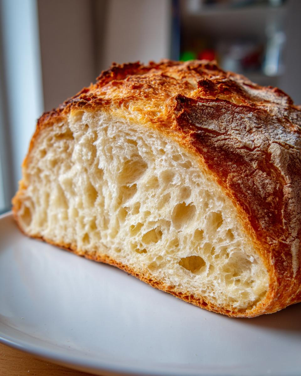 Close-up of a freshly baked sourdough bread slice showing an open, airy crumb structure.