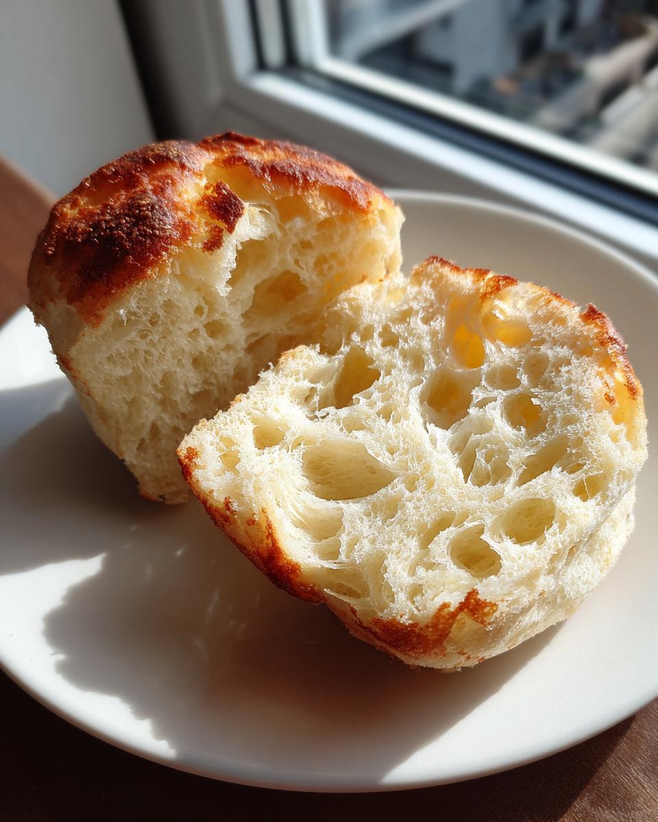 Close-up of a homemade english muffin split open showing the airy, open crumb structure.