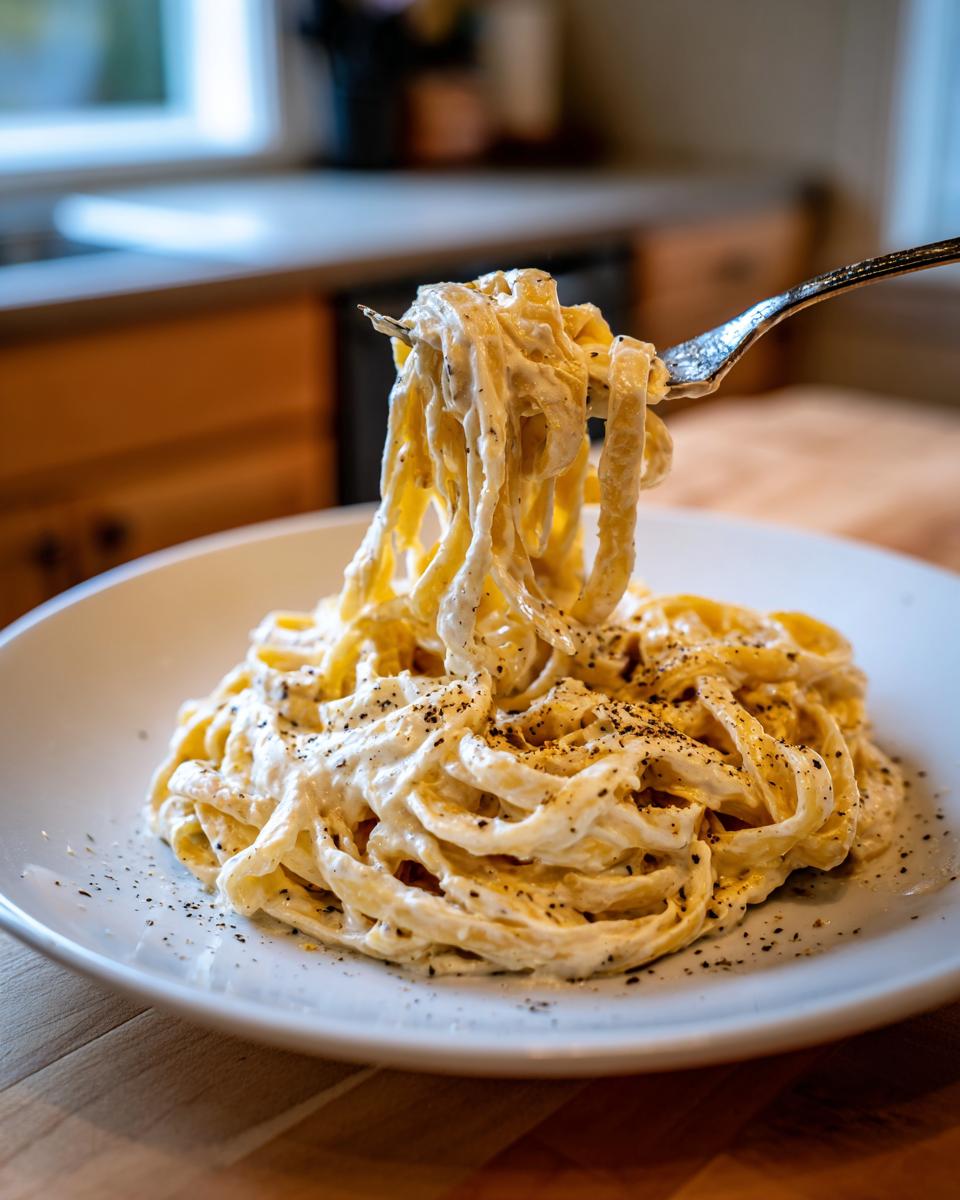 Fettuccine pasta coated in creamy cottage cheese alfredo sauce, lifted by a fork.