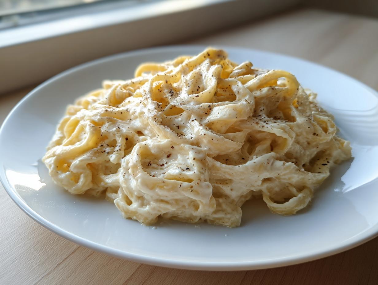 A serving of fettuccine pasta coated in creamy cottage cheese alfredo sauce and topped with black pepper.