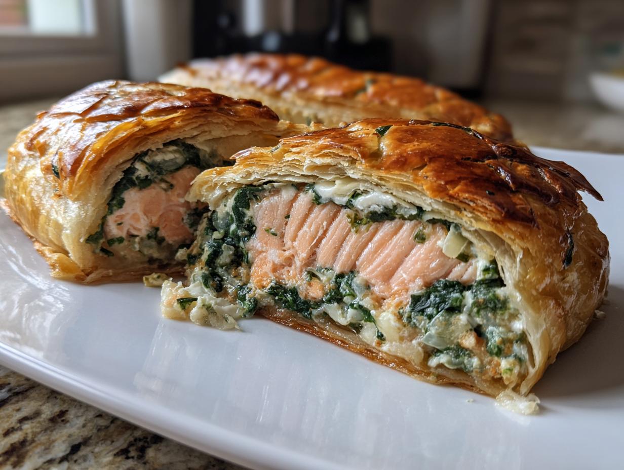 Cross-section of a golden-brown Salmon Wellington showing flaky pastry, pink salmon fillet, and spinach filling.