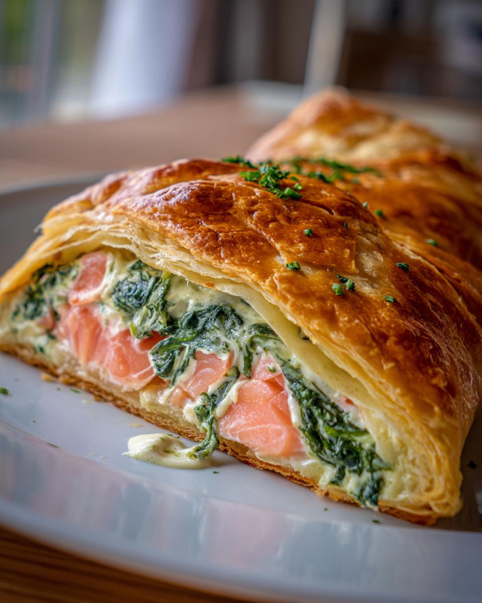 Cross-section of a golden brown Salmon Wellington showing layers of flaky pastry, pink salmon, and creamy spinach filling.