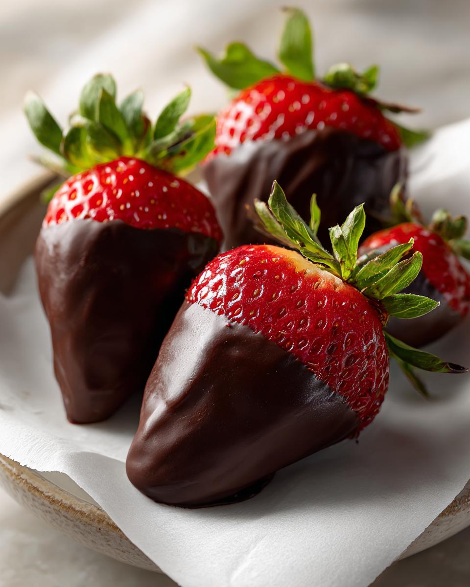 Close-up of several fresh, bright red chocolate covered strawberries resting on white parchment paper.