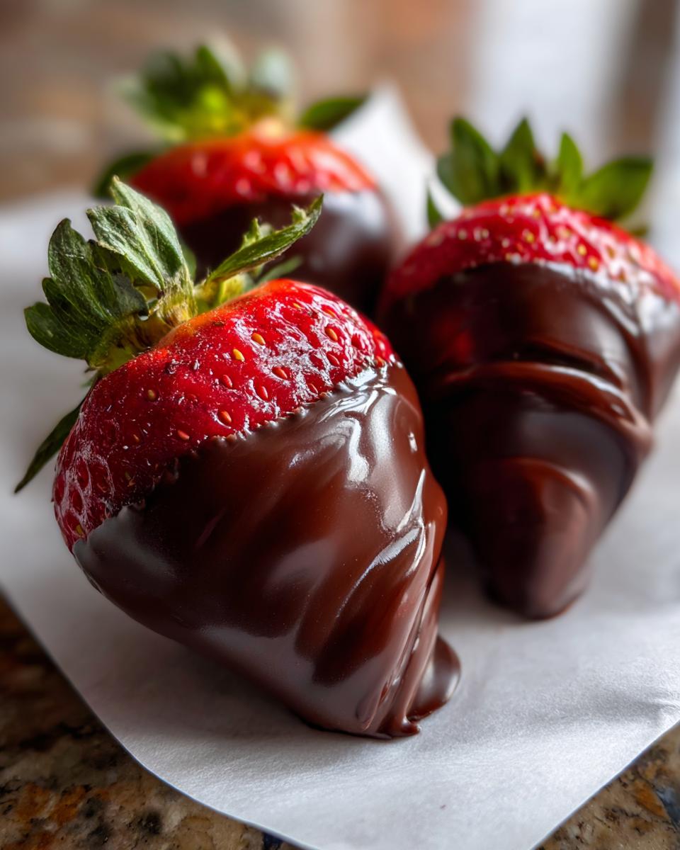 Three glossy chocolate covered strawberries resting on white parchment paper, ready to set.