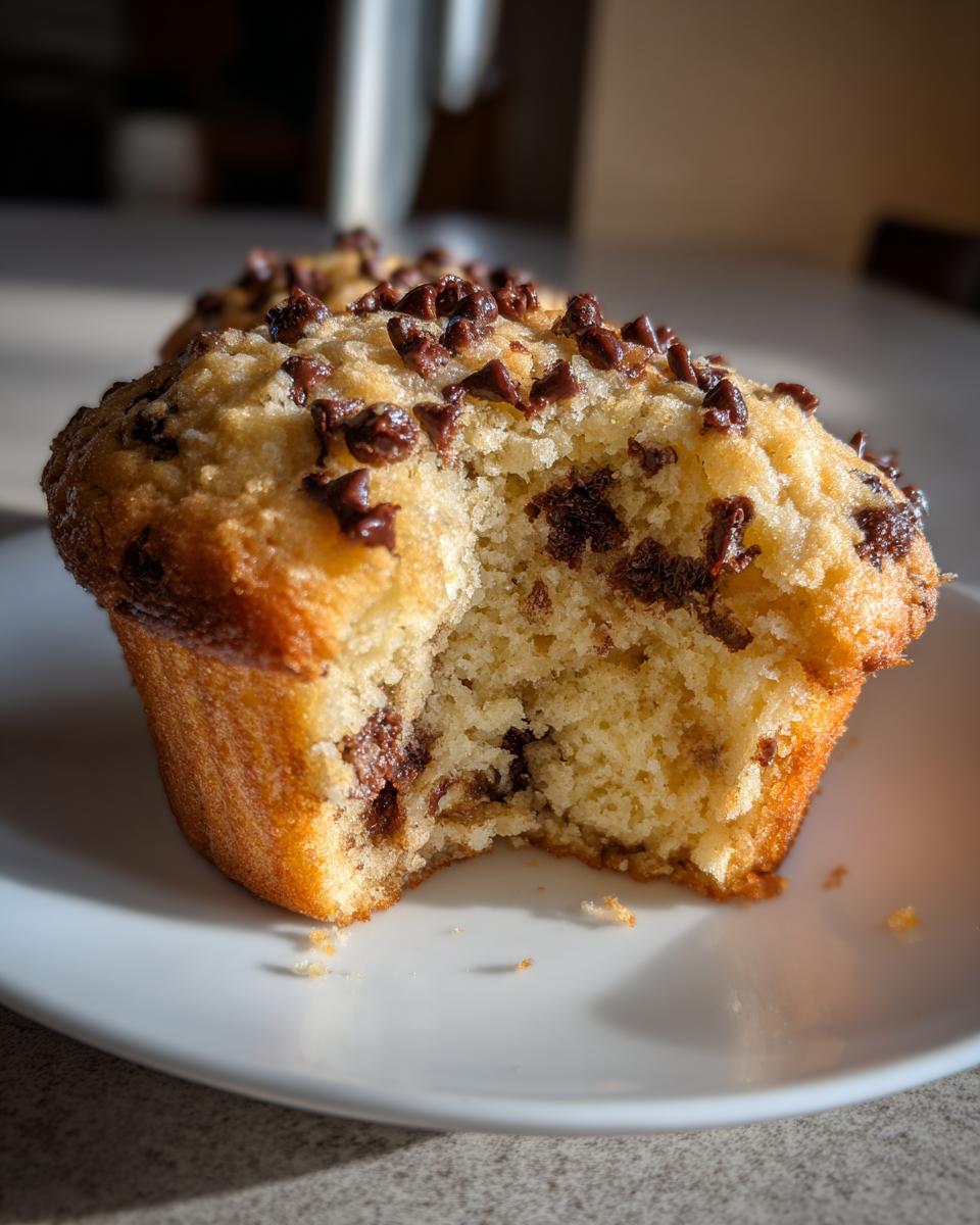 Close-up of a fluffy chocolate chip muffin on a white plate, showing the soft interior and melted chips.